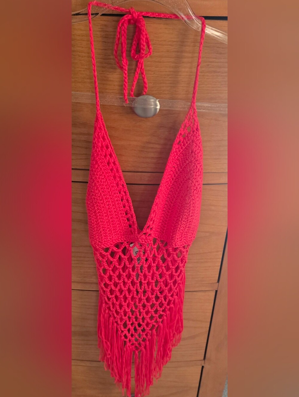 India Boutique NWT Bright Coral Crochet Netted Beach Cover-Up Top, OS
